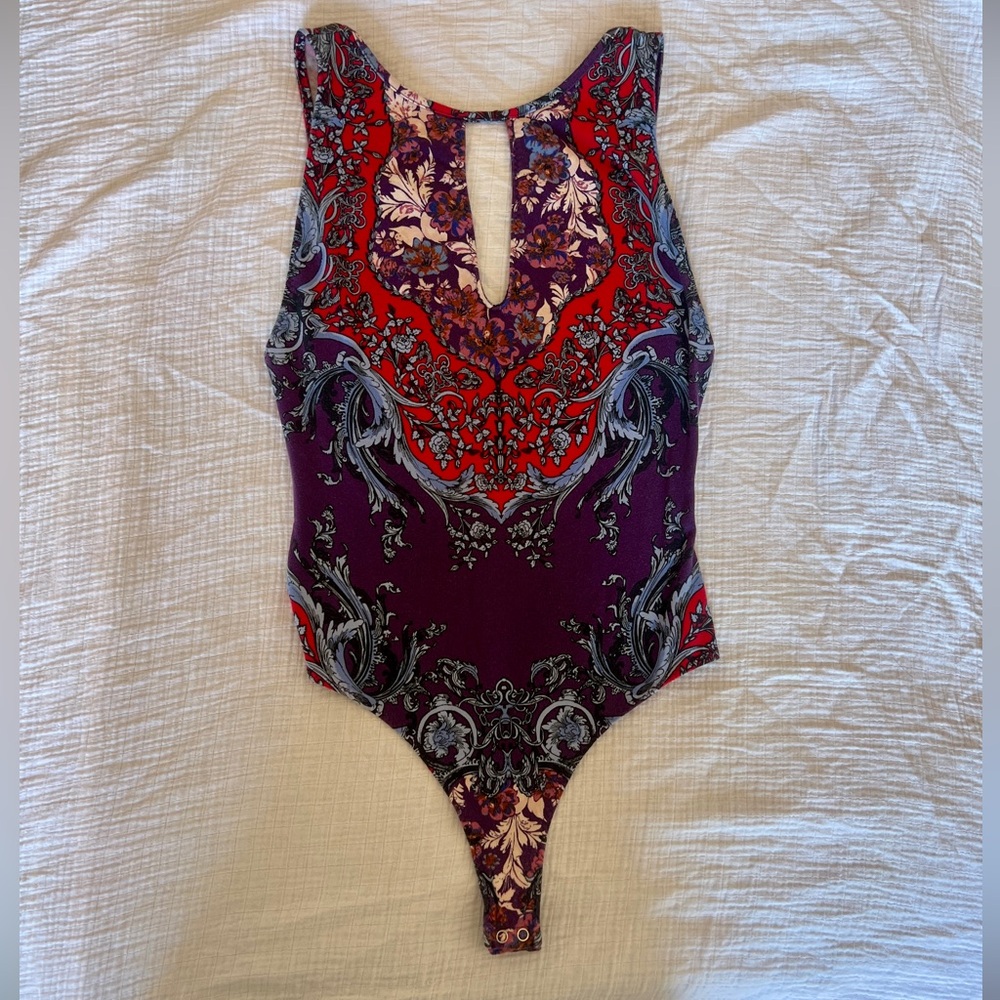 Free People Red and Purple Patterned Bodysuit
